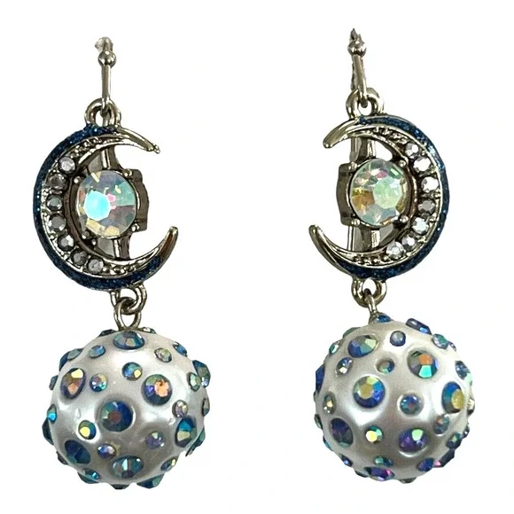 Signed Betsey Johnson Celestial Moon Blue Aurora Borealis Rhinestone Earrings - Picture 5 of 8